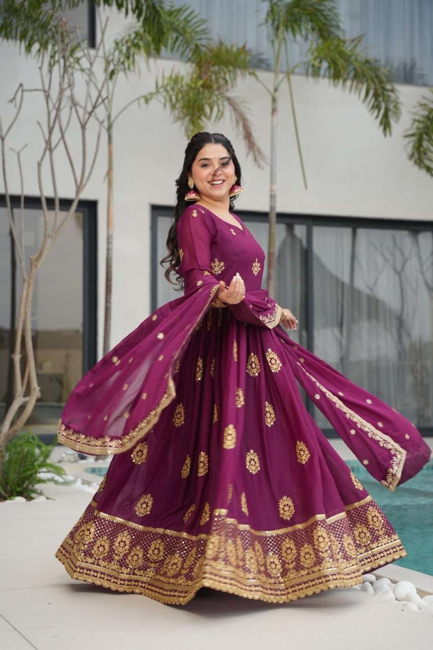 Women’s Ethnic Anarkali Style Floor-Length Gown in Magenta with Golden Zari Embroidery – Festive & Wedding Wear - Image 3