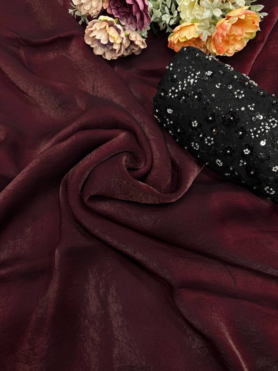 Women's Rich Wine Tissue Silk Saree with All-Over Sequin Embroidered Blouse Piece